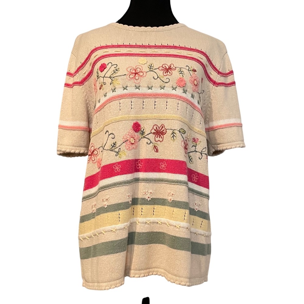 Alfred Dunner Womens M Beige Floral Embroidered Striped Knit Sweater Cottagecore